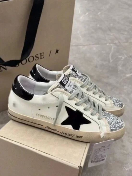 Golden Goose White Leather Sneakers with Black Star & Glitter Toe - Picture 1 of 8